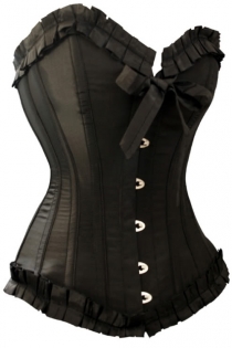 Black Victorian Satin Waist Training Corset With Matching Ruched Ribbon Trim, Front Busk