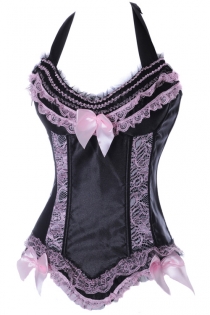 Naughty Black Halter Corset With Pink Lace Ruffle Layers, Lace Overlay at Twin Panels and Pink Bows
