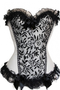 Apricot Corset With Black Floral Pattern on Front Panels, Generous Lace Ruffle Trim and Bows, Front Busk