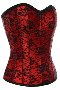 Red Victorian Corset With Black Floral Lace Overlay, Sweetheart Neckline and Black Lace Trim