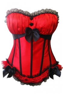 Red Twin Button Corset With Comfortable Bust, Black and Red Lace and Ribbon Detail, and Removable Straps