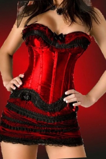Red Satin Corset Set With Black Ruched Lace and Bows at Bust and Bottom, and Matching Ruched Lace Skirt