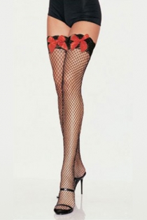 Black Fishnet Thigh-High Stockings With Silicon Lacy Welts and Red Satin Bows