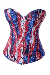Comic Book Art Corset With Red Chains Pattern, White and Blue Detail, Front Busk