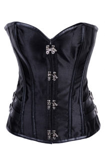Black Satin Boned Corset With Buckle Accents, Silver Hook Front Closures, and Black Shoestring Lace-up Back