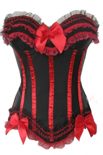 Naughty Black Satin Corset With Red Bows and Strips, and Combination Lace Ruffle Trim