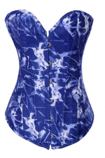 Blue Denim Corset With a Psychedelic White and Lighter Blue Pattern, Front Busk
