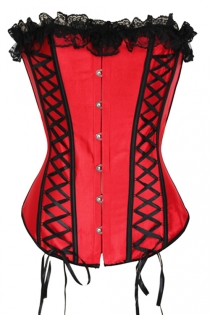 Red Satin Corset With Black Lace-up Side Panels and Black Bust Lace Ruffle, Front Busk