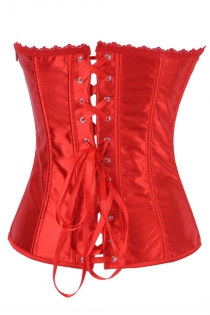 Red Satin Boned Overbust Corset With Red Lace Trim, Red Sheer Bust Panel, and Satin Ribbon Lace-up Back