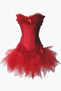 Red Satin Swan Corset Dress With Ruched Ruffle and Bows at Bust and Bottom and Matching Tutu Skirt