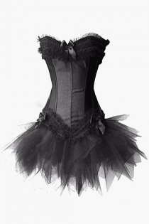 Black Satin Swan Corset Dress With Ruched Ruffle and Bows at Bust and Bottom and Matching Tutu Skirt