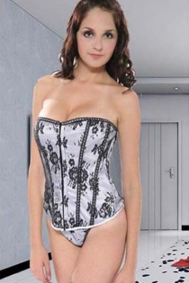 Silver Corset in Elegant Lines With Black Floral Print, Black and White Trim and Discreet Front Closure