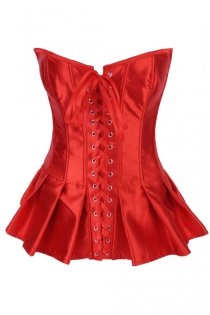 Red Satin Boned Corset With Ruffled Skirt, Hook and Eye Closures in Back, and Satin Ribbon Lace-up Front