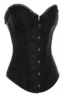 Black 12 Steel Boned Victorian Corset With Floral Brocade Pattern and Bust Ruched Trim, Front Busk