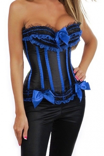 Plus Size Black Satin Training Corset With Blue Bows and Strips, and Combination Lace Ruffle Trim