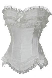 Confection White Satin Corset With Generous Ruched Lace and Tulle Trim With Bows