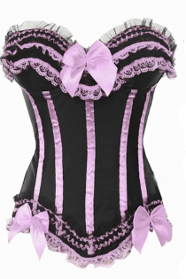 Plus Size Black Satin Corset With Powder Pink Bows and Strips, and Combination Lace Ruffle Trim