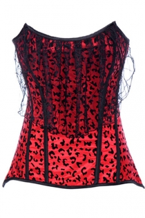Red Leopard Corset With Black Detail, Pointed Neckline and a Swath of Lace Falling Over the Bust