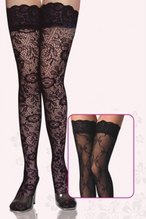 Black Floral Lace Thigh-High Stockings With Wide Silicon Lacy Welts