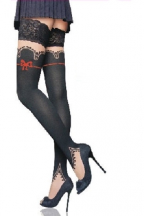 Novelty Thigh-High Stockings With Denim and Red Bow Print Detail and Lacy Welts