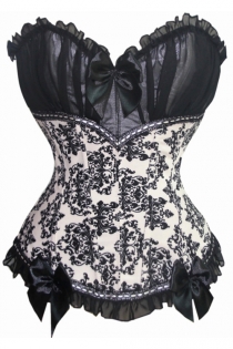 White Strapless Corset With Fleur De Lys Style Pattern and Gather Net Overlay Bust