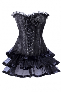 Black Net Overlay Mini Corset Dress With Large Corsage Detail