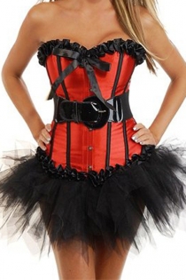 Red Sateen Strapless Corset Dress With Black Trim Detailing and Tutu Net Mini Skirt without Black PVC Belt