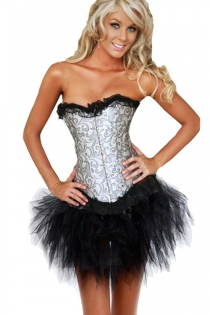 Silver Strapless Corset Dress With Black Inlay Pattern and Tutu Net Mini Skirt