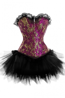 Exquisite Strapless Corset Dress With Cerise and Gold Patterned Top and Tutu Net Mini Skirt