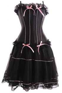 Black Corset Dress With Pink Thread Through Detailing and Flow Net Skirt