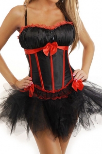 Black Sateen Bust Gather Corset Dress With Red Trim Detailing and Tutu Net Mini Skirt