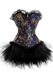 Exquisite Strapless Corset Dress With Blue and Gold Patterned Top and Tutu Net Mini Skirt