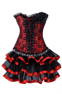 Black and Red Net Overlay Mini Corset Dress With Large Corsage Detail