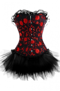 Strapless Black Corset Dress With Red Embroidery Detail and Tutu Net Mini Skirt
