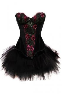 Black Shaped Bust Corset Dress With Centre Floral Detail and Tutu Net Mini Skirt