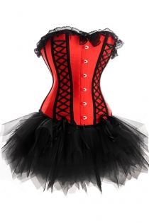 Red Sateen Strapless Corset Dress With Black Detailing and Tutu Net Mini Skirt