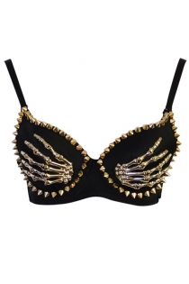 Black Underwire Bra With Gold Spike Accents, Skeleton Hand Design and Black Straps