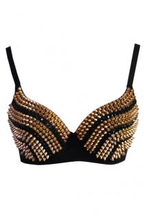 Black Underwire Bra With Gold Spike Accents, Black Bead Detailing and Black Straps