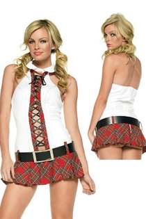 Corsage Detail White Top With Collar and Checked Red School Girl Style Sexy Skirt With Removable Belt