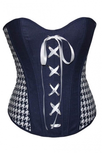 Black and White Boned Overbust Corset With White Lace-up Front and White Geometric Print Side Panels