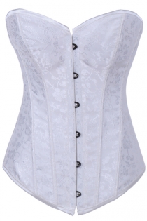 White Victorian Corset With Discreet Floral Brocade Pattern, Modesty Cover, Front Busk