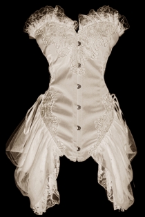 White Bridal Overbust Structured Corset With Filligree Embroidered Lace Bodice and Tulle and Lace Side Trails.