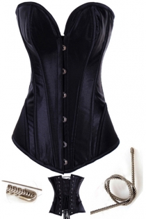 Intimate Victorian Black Satin Corset With Steel Bones, Sweetheart Neckline, Front Busk