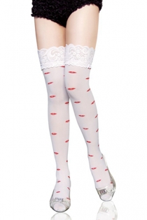 White Opaque Thigh-High Stockings With Red Kiss Pattern and Silicon Lacy Welts