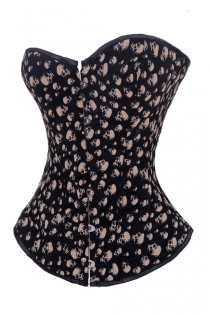 Trendy Goth Black Corset With Light Pink Skulls of Varying Sizes and Black Trim, Front Busk