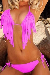 Purple Halter-style Bikini Swimsuit With Tasseled Fringe Top and Side Tie Bottoms With Gold Hoop Detail