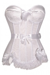 White Strapless Sateen Boned Corset With Bow Detailing and Ribbon Belt