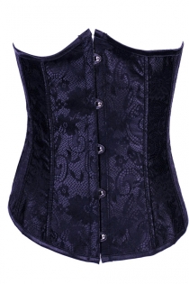 Midnight Black Underbust Corset With Floral Lace Print and Satin Trim, Front Busk
