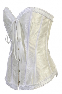White Satin Floral Brocade Structured Corset Wih Metal Busl Front Closure and Satin Ribbons Back Lace Up