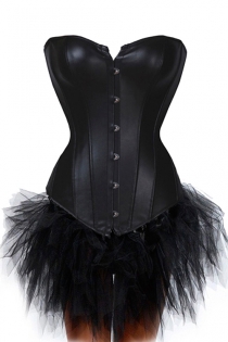 Black Faux Leather Strapless Corset Dress With Pointed Waist and Tutu Net Mini Skirt